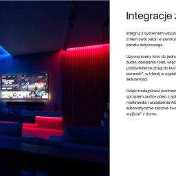 ELEKTRO - Salon z podświetleniem LED w kolorach niebieskim i czerwonym, telewizor wyświetla serial Stranger Things, nowoczesny design.