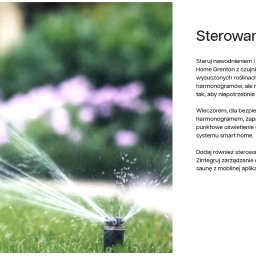 ELEKTRO - Zraszacze ogrodowe w akcji, nawadnianie trawnika z użyciem systemu automatycznego podlewania, w tle rozmyte krzewy.