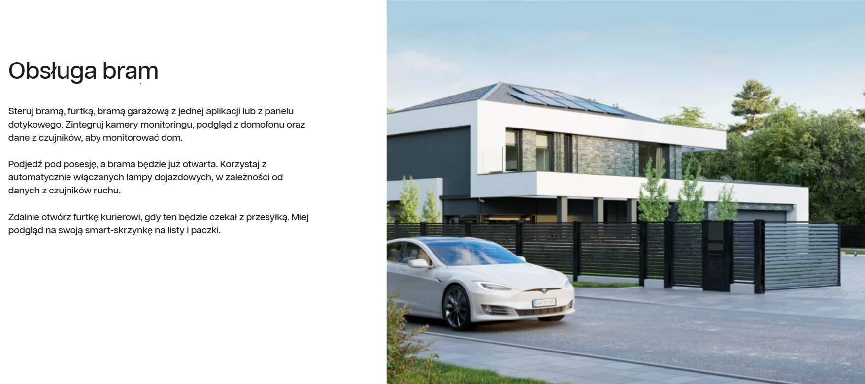 Nowoczesny dom z panelami słonecznymi, automatyczną bramą wjazdową i zaparkowanym białym samochodem elektrycznym.