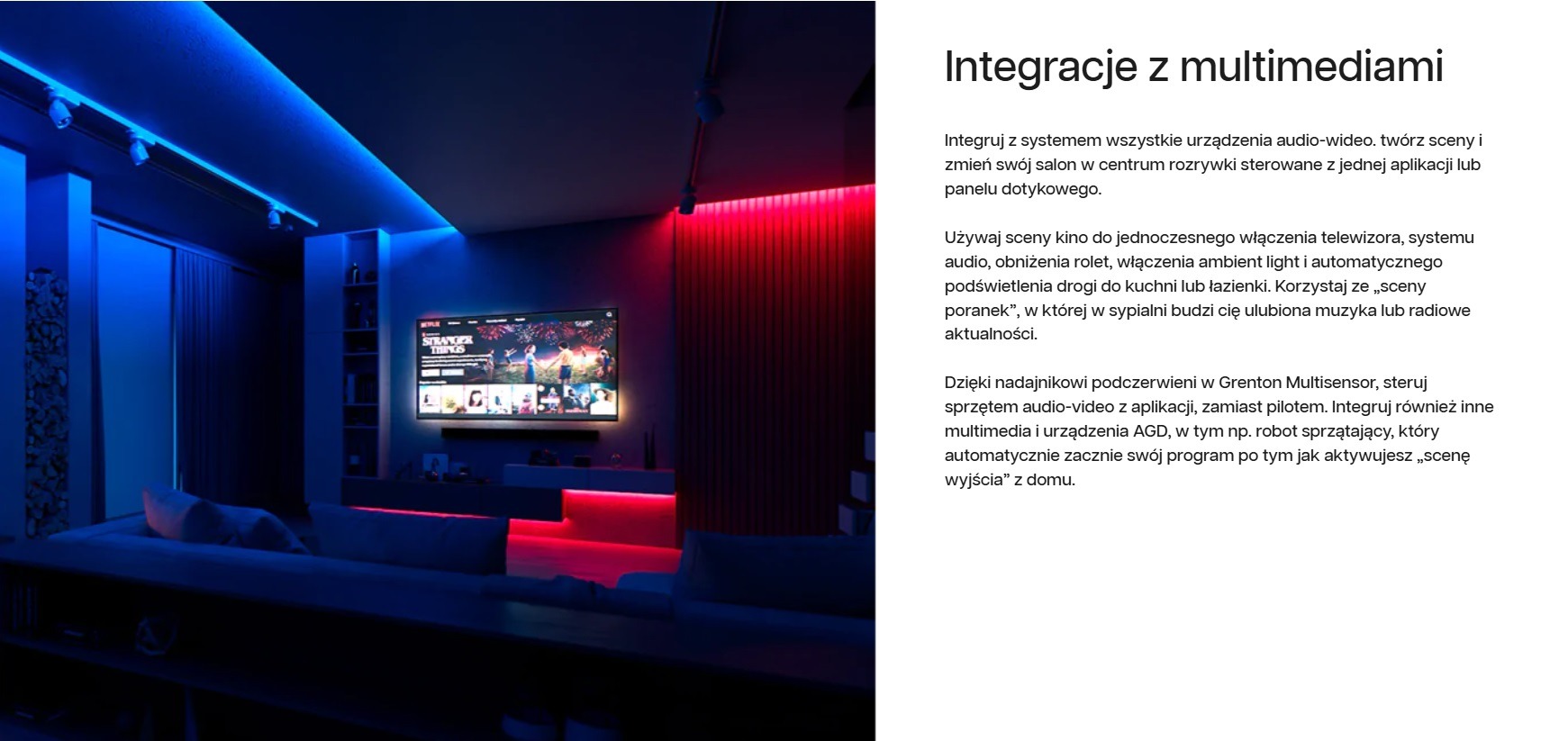 Salon z podświetleniem LED w kolorach niebieskim i czerwonym, telewizor wyświetla serial Stranger Things, nowoczesny design.