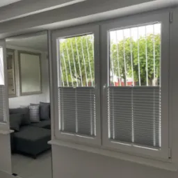 Dwa okna z białymi ramami i plisowanymi, szarymi żaluzjami, z zewnątrz zabezpieczone białymi kratami, widok na drzewa i budynki, odbicie sofy w lustrzanej ścianie.