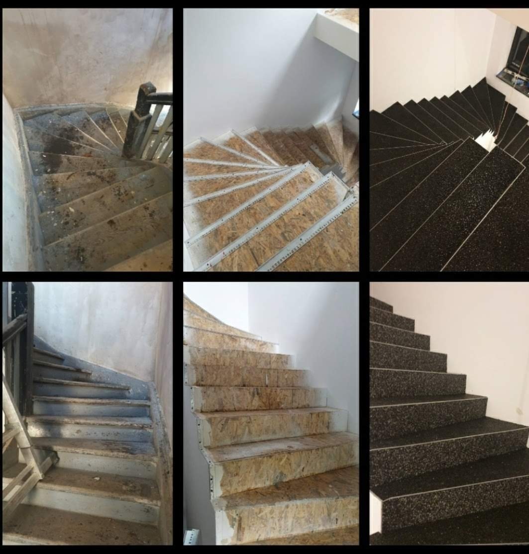 Kompozycja zdjęć przedstawiająca spiralne schody na różnych etapach realizacji: od surowego stanu przez przygotowanie konstrukcji z płyt OSB po wykończone czarnym, teksturowanym materiałem.