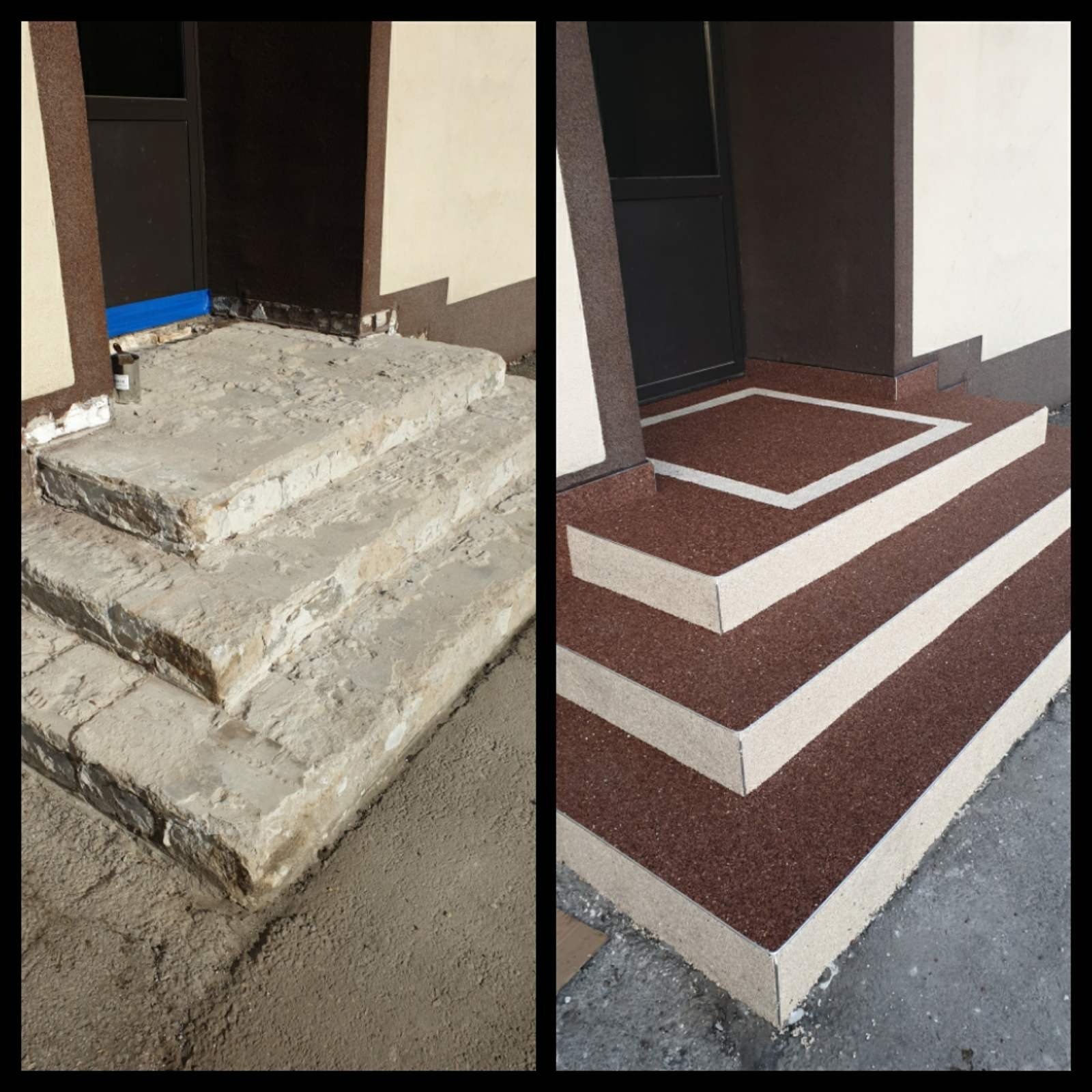Porównanie stanu schodów wejściowych przed i po renowacji: surowe, zniszczone betonowe stopnie kontra odnowione, wykończone brązową, ziarnistą nawierzchnią z jasnymi obrzeżami.