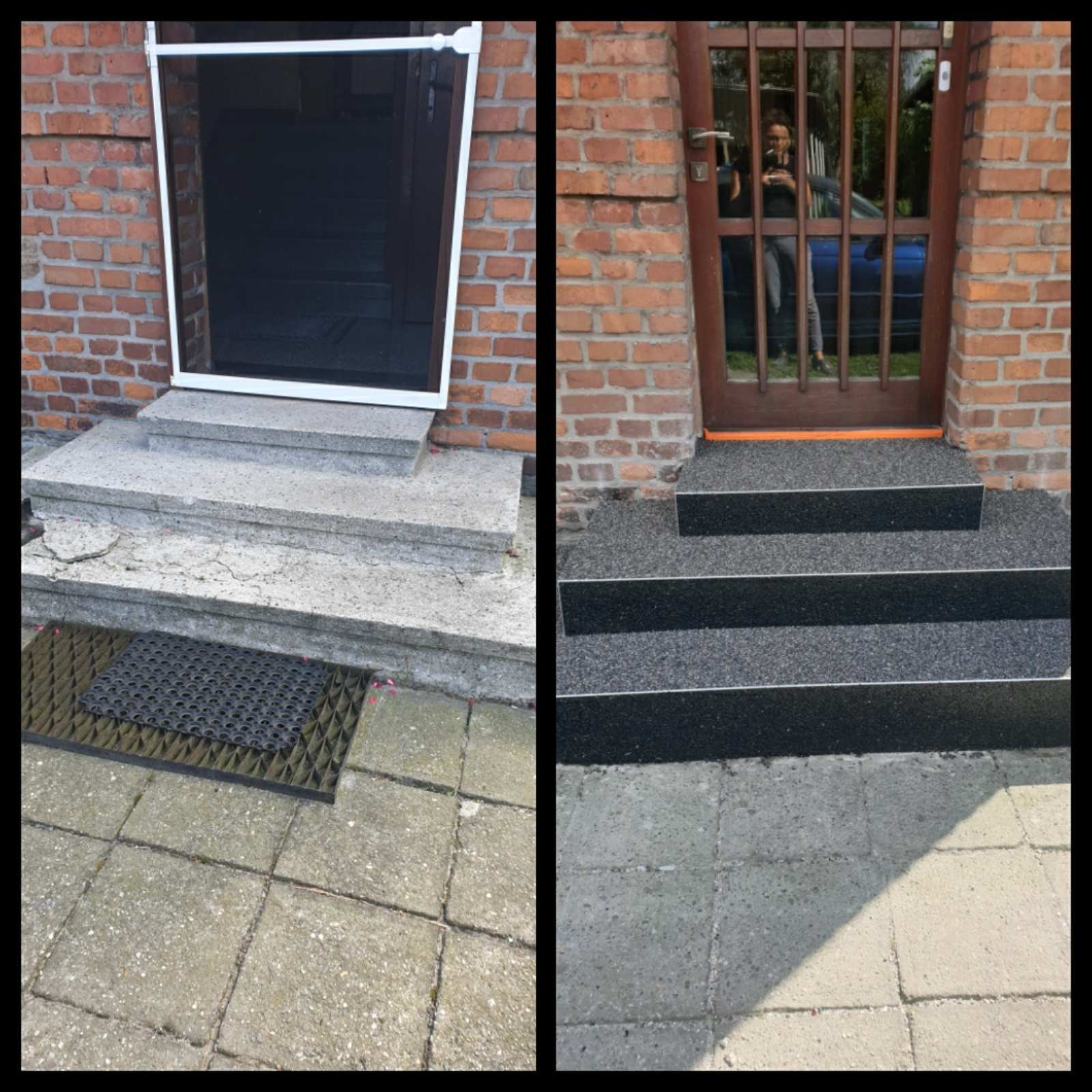 Porównanie stanu schodów wejściowych przed i po renowacji: stare, betonowe schody z uszkodzeniami i czarną wycieraczką kontra odnowione schody z szarego, drobnoziarnistego kamienia z widocznym...