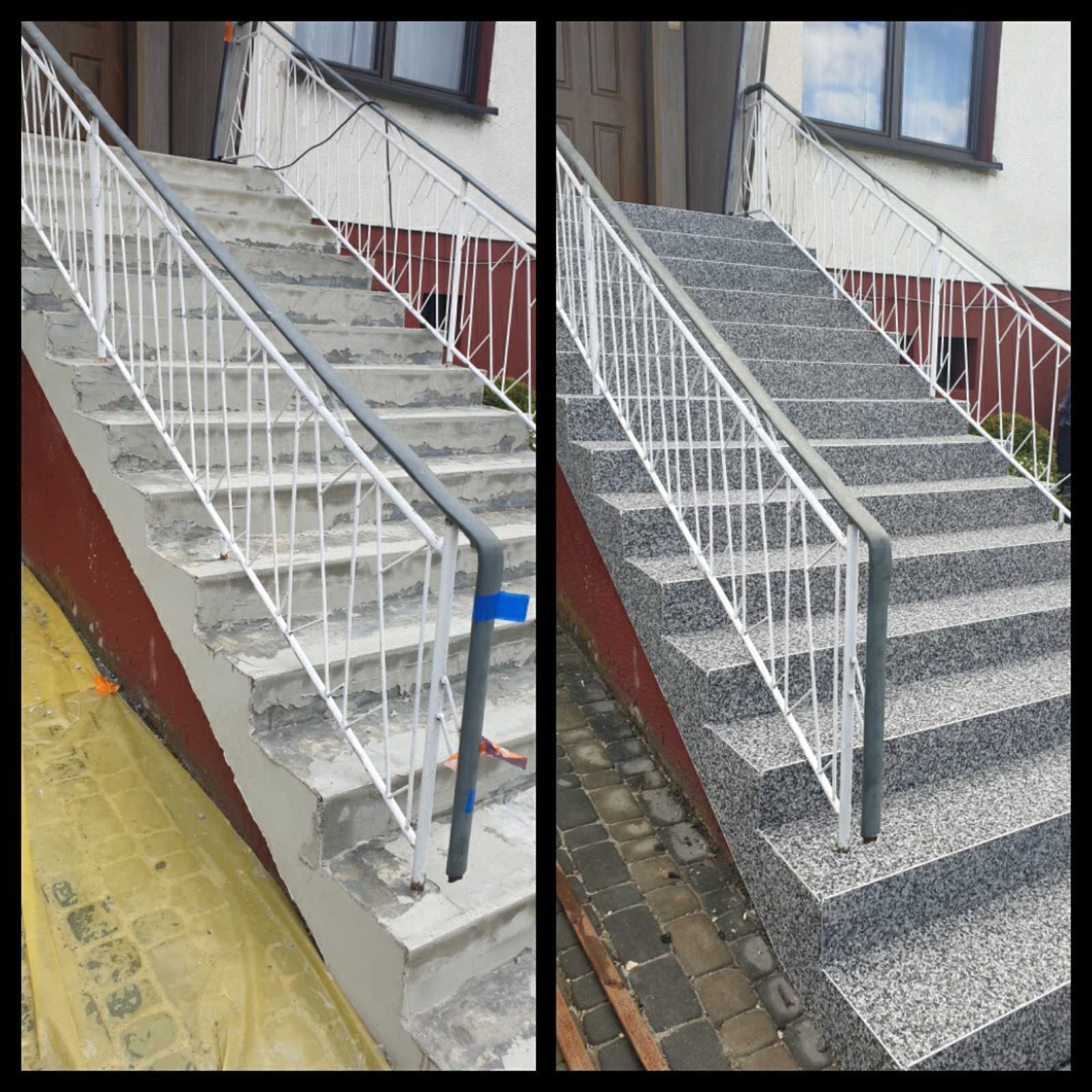 Porównanie stanu schodów zewnętrznych przed i po wyłożeniu płytkami imitującymi kamień, widoczne białe metalowe barierki i szara poręcz.
