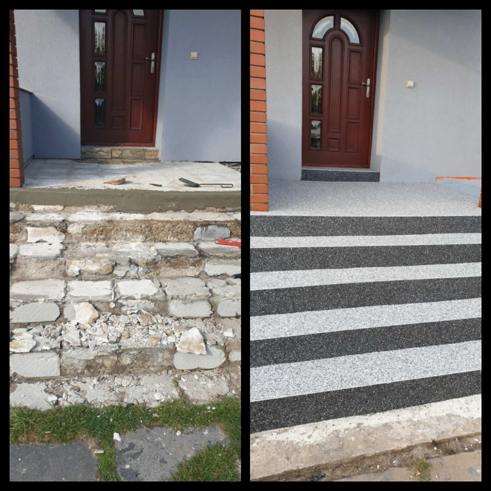 Porównanie stanu schodów wejściowych przed i po renowacji: od zniszczonych, betonowych stopni do wykończonych żywicą w czarno-białe pasy.
