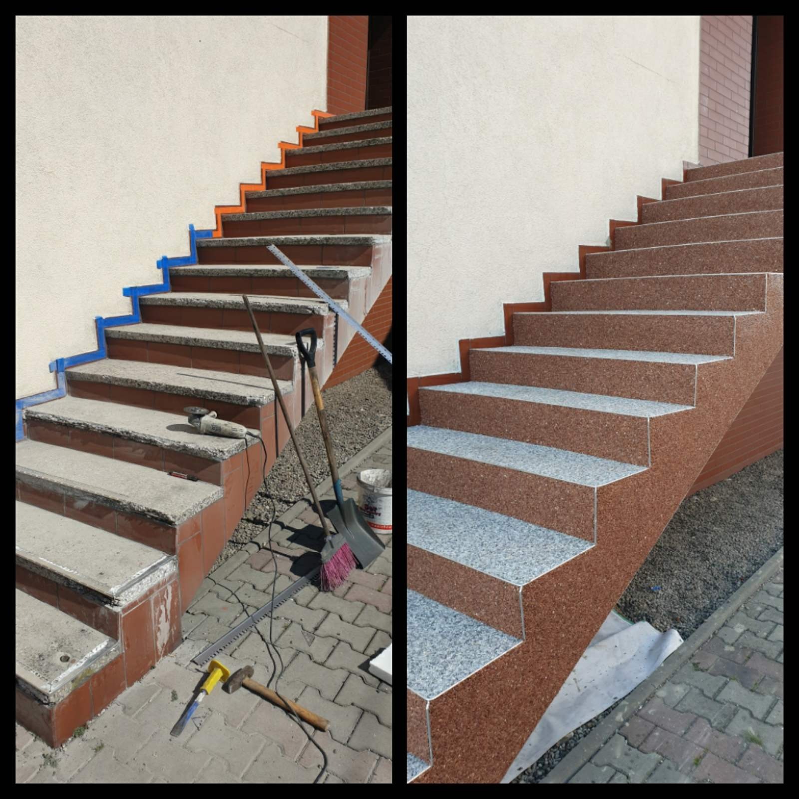 Porównanie stanu schodów zewnętrznych przed i po renowacji: po lewej schody z betonu i płytek z widocznymi śladami prac, narzędziami i taśmą malarską; po prawej schody wykończone okładziną...