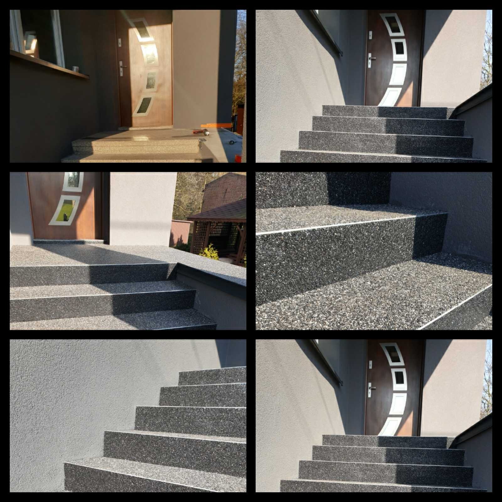 Zewnętrzne schody wejściowe z szarego kamienia dekoracyjnego, prowadzące do drzwi wejściowych z nowoczesnym wzorem geometrycznym.