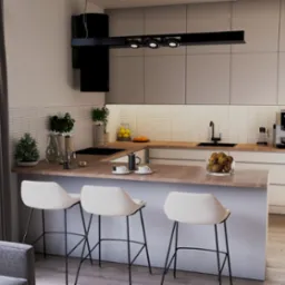 Wizualizacja nowoczesnej kuchni z wyspą, białymi szafkami, czarnymi akcentami oświetlenia i sprzęt&oacute;w, drewnianym blatem, trzema krzesłami barowymi oraz widokiem na g&oacute;ry przez okno.