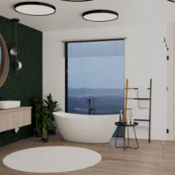 Nowoczesna łazienka z zieloną ścianą z płytek, owalnym lustrem, dwiema białymi umywalkami nablatowymi na drewnianej szafce, wolnostojącą białą wanną z widokiem na góry za oknem, oraz kabiną...