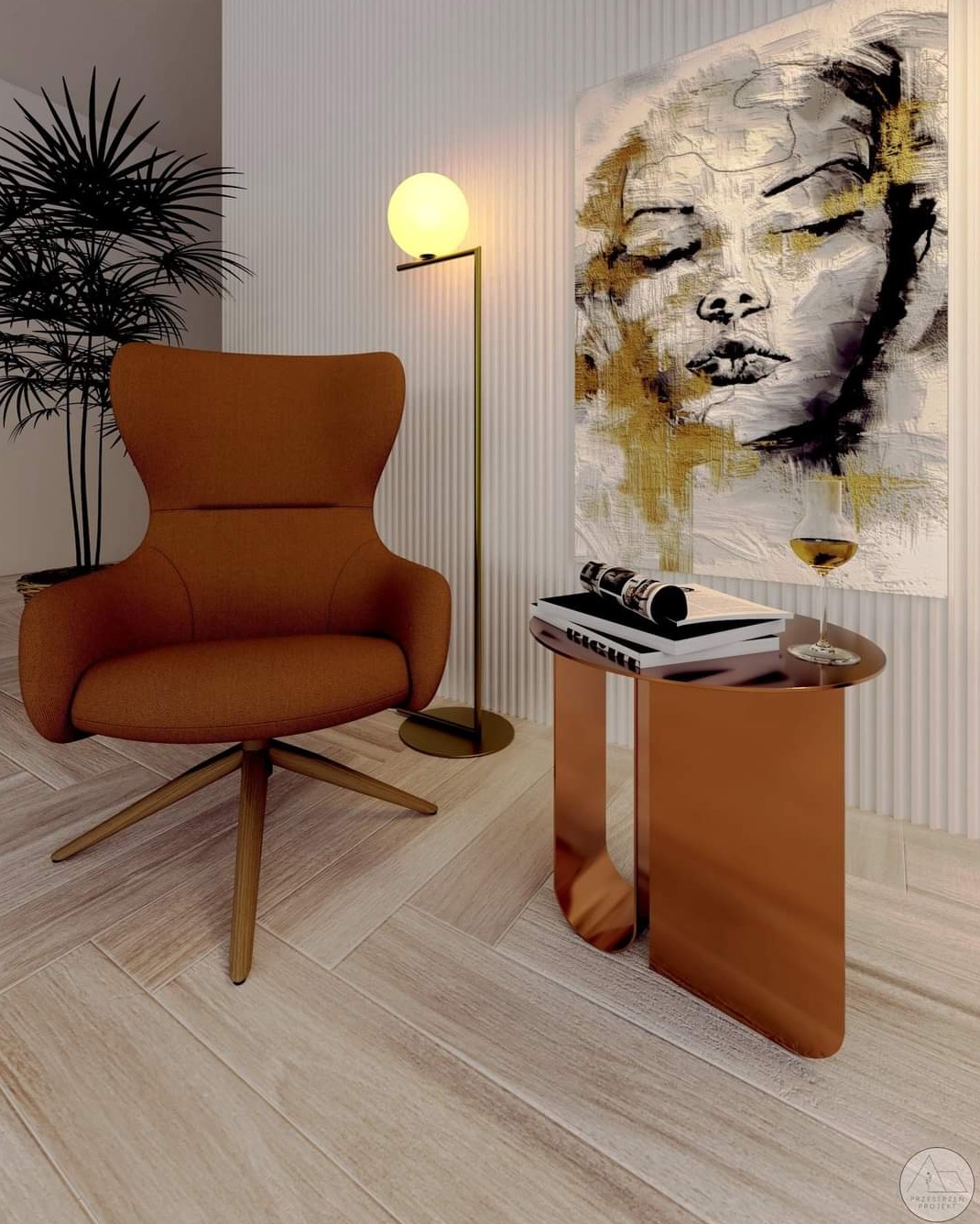 Brązowy fotel z wysokim oparciem na drewnianych nogach, obok stolik z miedzianym wykończeniem, na którym leżą książki i kieliszek z białym winem, w tle obraz kobiety i lampa ze szklaną kulą...