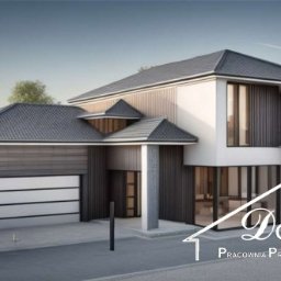 DORDOM - Wizualizacja dwukondygnacyjnego domu z garażem, z płaskim dachem i elewacją w odcieniach szarości i bieli, z logo firmy projektowej w prawym dolnym rogu.