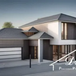 Wizualizacja dwukondygnacyjnego domu z garażem, z płaskim dachem i elewacją w odcieniach szarości i bieli, z logo firmy projektowej w prawym dolnym rogu.