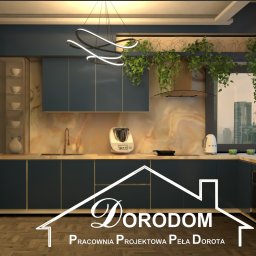 DORDOM - Wizualizacja nowoczesnej kuchni w Koszęcinie z ciemnymi szafkami, drewnianym blatem, marmurowym backsplashiem, wiszącymi roślinami, designerską lampą i widokiem na miasto za oknem, prezentująca...