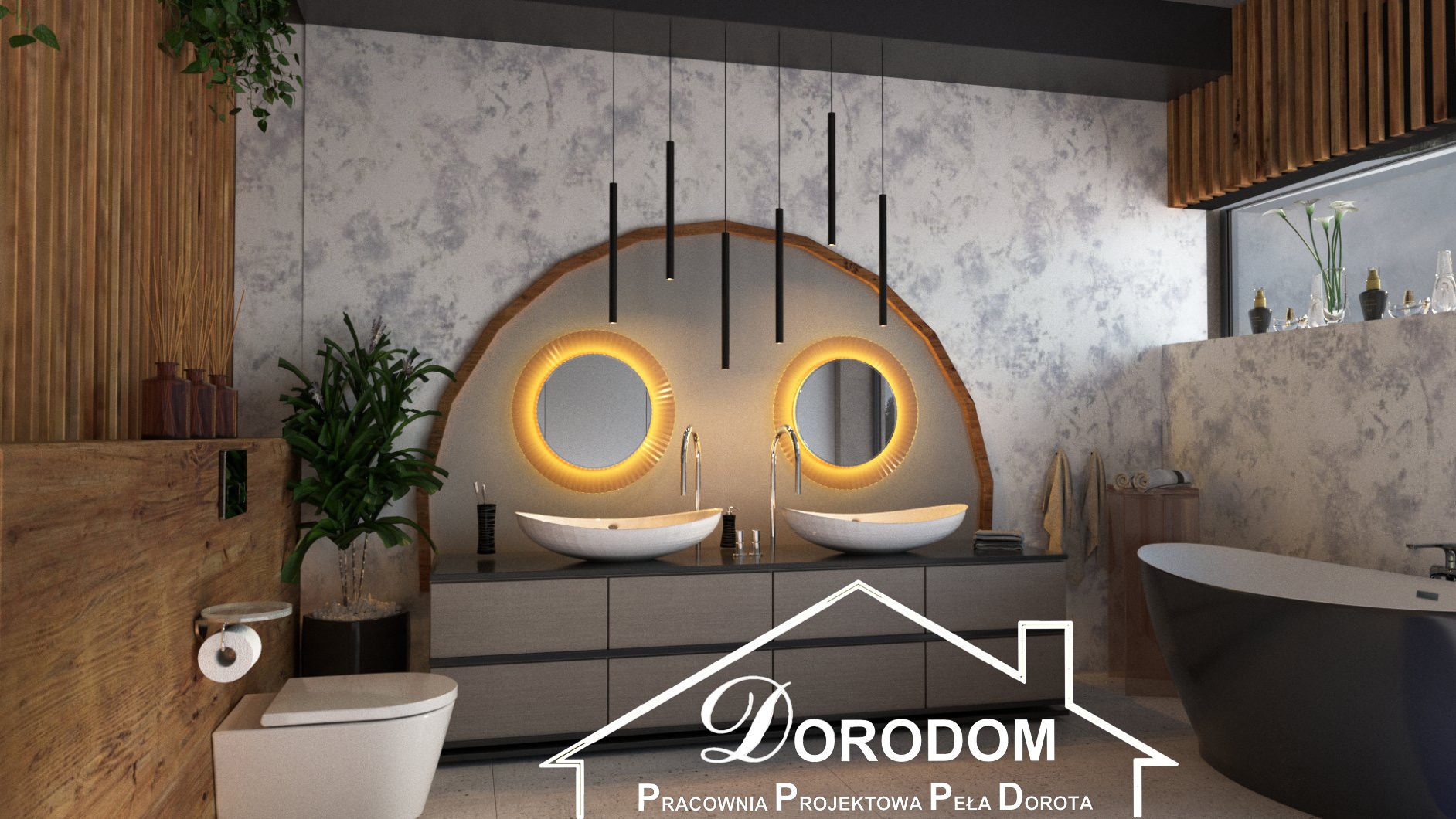 Nowoczesna łazienka z dwoma okrągłymi lustrami podświetlonymi LED, umywalkami nablatowymi i czarną wanną wolnostojącą, wykończona drewnem i szarym betonem architektonicznym, z logo firmy...