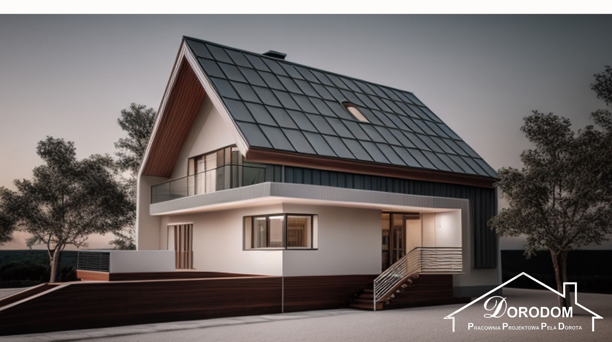 Wizualizacja nowoczesnego domu jednorodzinnego z dwuspadowym dachem pokrytym grafitową blachą, balkonem z szklaną balustradą i drewnianym podestem, prezentowana z logo firmy projektowej.
