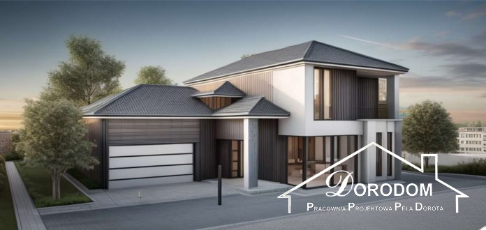 Wizualizacja dwukondygnacyjnego domu z garażem, z płaskim dachem i elewacją w odcieniach szarości i bieli, z logo firmy projektowej w prawym dolnym rogu.