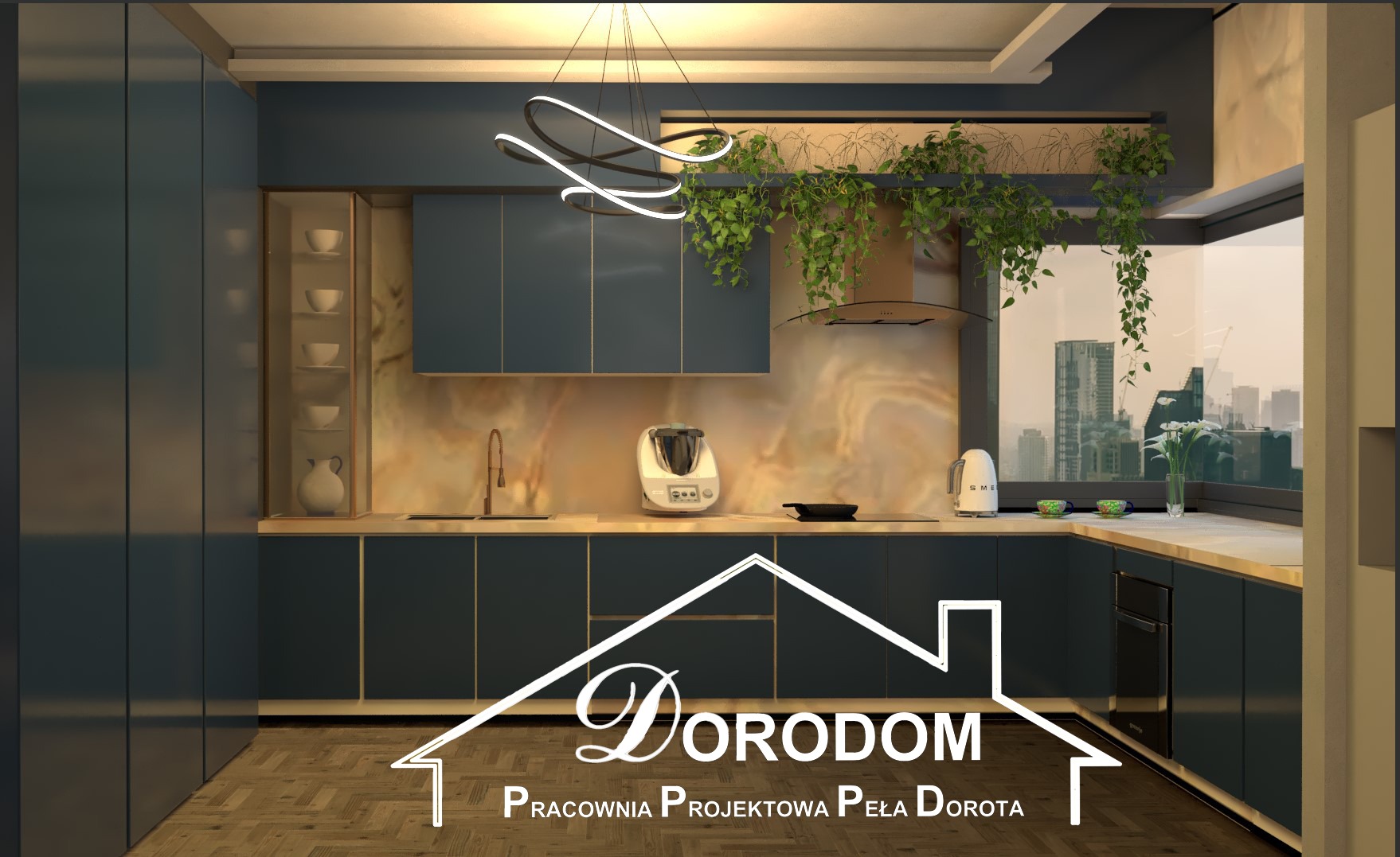 Wizualizacja nowoczesnej kuchni w Koszęcinie z ciemnymi szafkami, drewnianym blatem, marmurowym backsplashiem, wiszącymi roślinami, designerską lampą i widokiem na miasto za oknem, prezentująca...