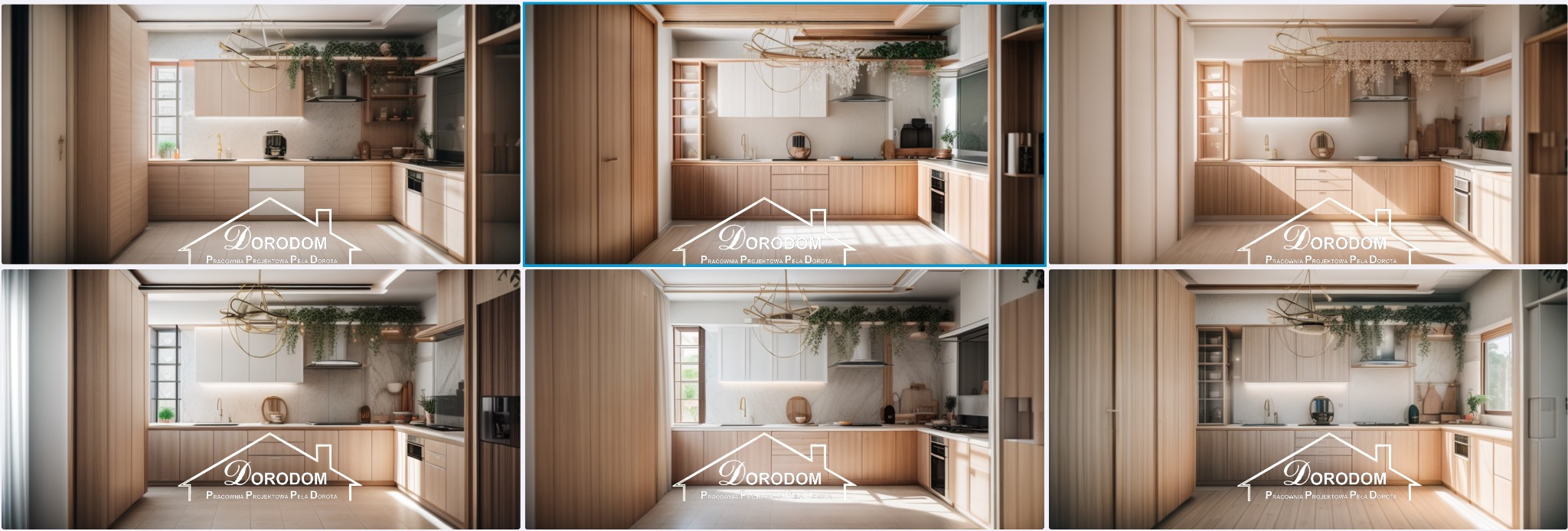 Jasna kuchnia z drewnianymi szafkami, białymi frontami górnych szafek, roślinami wiszącymi i nowoczesnym oświetleniem.