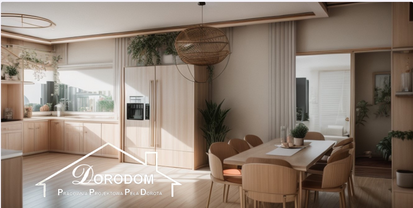 Jasna, przestronna kuchnia z jadalnią w stylu skandynawskim, z drewnianymi meblami, okrągłym lampionem nad stołem i roślinami doniczkowymi, widoczny logotyp firmy projektowej w dolnej części zdjęcia.