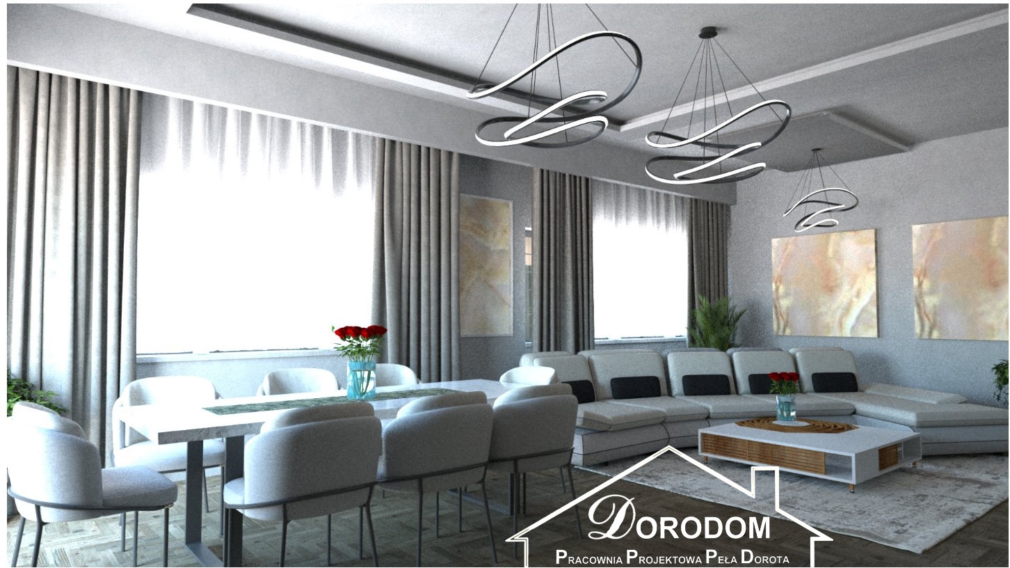 Wizualizacja przestronnego salonu z jadalnią, szary wystrój, nowoczesne lampy wiszące, duży stół z krzesłami, narożna sofa i obrazy na ścianie.