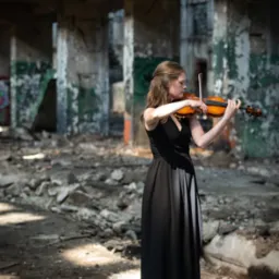 Kobieta w czarnej sukni gra na skrzypcach w opuszczonym, zrujnowanym budynku.