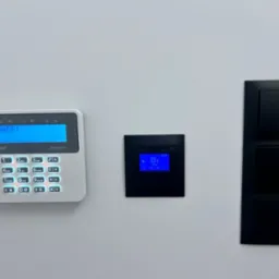 Centrala alarmowa Satel z wyświetlaczem wskazującym status zaworu, obok panel sterowania inteligentnego domu i panel włączników światła w czarnej ramce, zamontowane na białej ścianie.