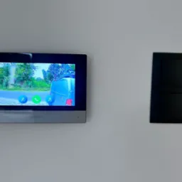 Zamontowany wideodomofon IP marki Hikvision z widokiem na podjazd, gdzie stoi niebieski bus. Obok widoczny czarny włącznik światła.