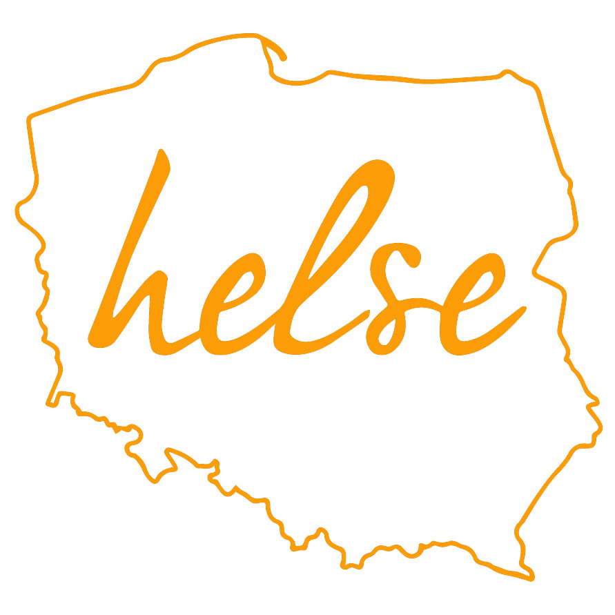 Pomarańczowy kontur mapy Polski z napisem 'helse' wewnątrz, stylizowany na logo.