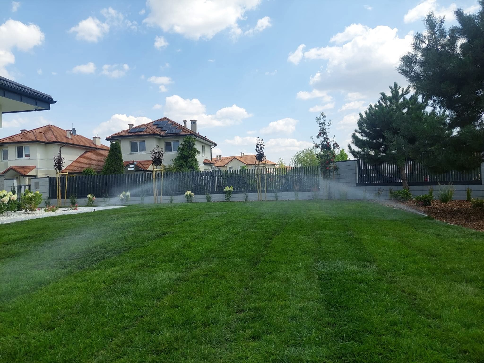 Nawadnianie trawnika z systemem zraszaczy. Widok na zielony trawnik i domy w tle pod błękitnym niebem z chmurami.