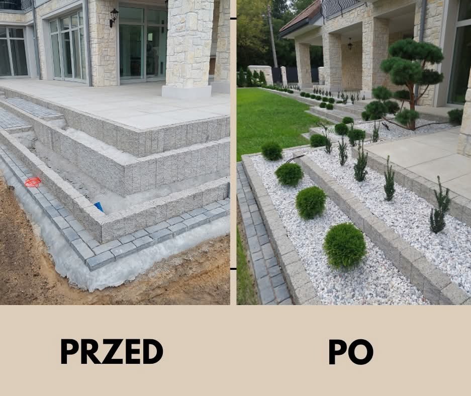Zdjęcie 'przed i po' przedstawia budowę schodów i rabatki przed domem. Widać surowy stan fundamentów oraz efekt końcowy z roślinami i kamieniami ozdobnymi.