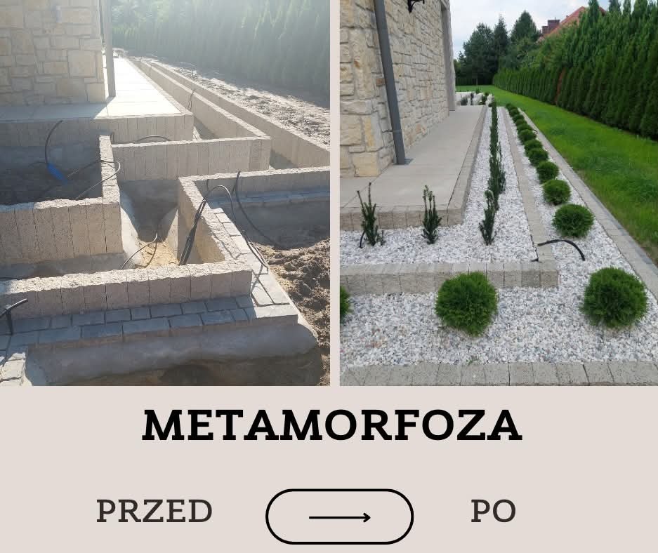 Metamorfoza ogrodu: etap budowy z fundamentami pod ścieżkę (przed) i gotowa ścieżka z roślinami i białym żwirem (po).