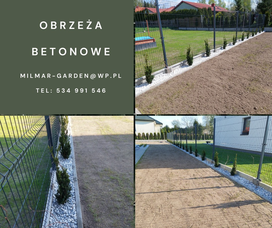 Cztery ujęcia ogrodu z betonowymi obrzeżami, białym grysem, młodymi tujami wzdłuż ogrodzenia z siatki, przygotowany teren pod trawnik, na jednym ujęciu widoczny tekst reklamowy z adresem email...