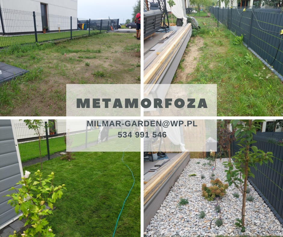 Fotografia przedstawia metamorfozę ogrodu: od zaniedbanego trawnika z chwastami do zadbanego, zielonego trawnika i rabaty z białymi kamieniami oraz nasadzeniami drzew i krzewów. Widoczne elementy...