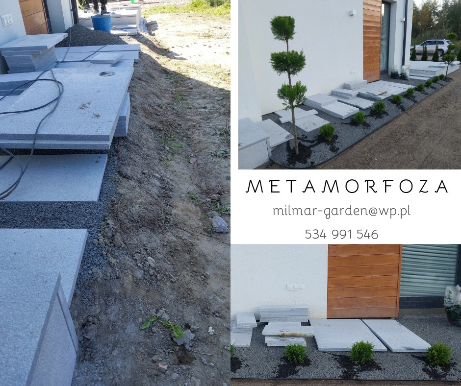 Układanie płyt chodnikowych z granitu na podsypce żwirowej, widoczne etapy prac oraz gotowy fragment ścieżki z nasadzeniami iglaków karłowatych