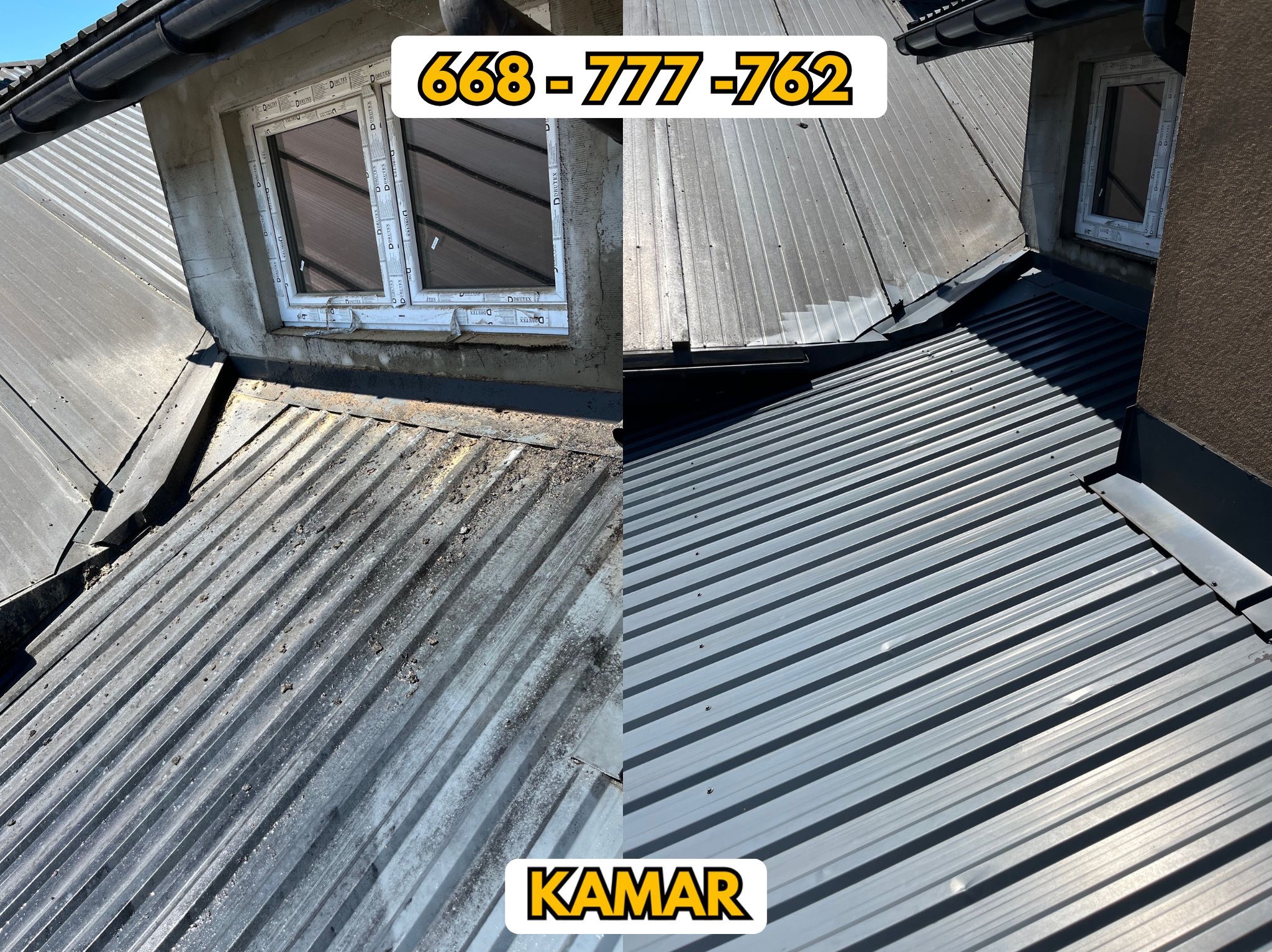 Porównanie połowy dachu z blachy przed i po czyszczeniu, widoczne zabrudzenia i efekt odświeżenia, okno dachowe z białą ramą w tle.