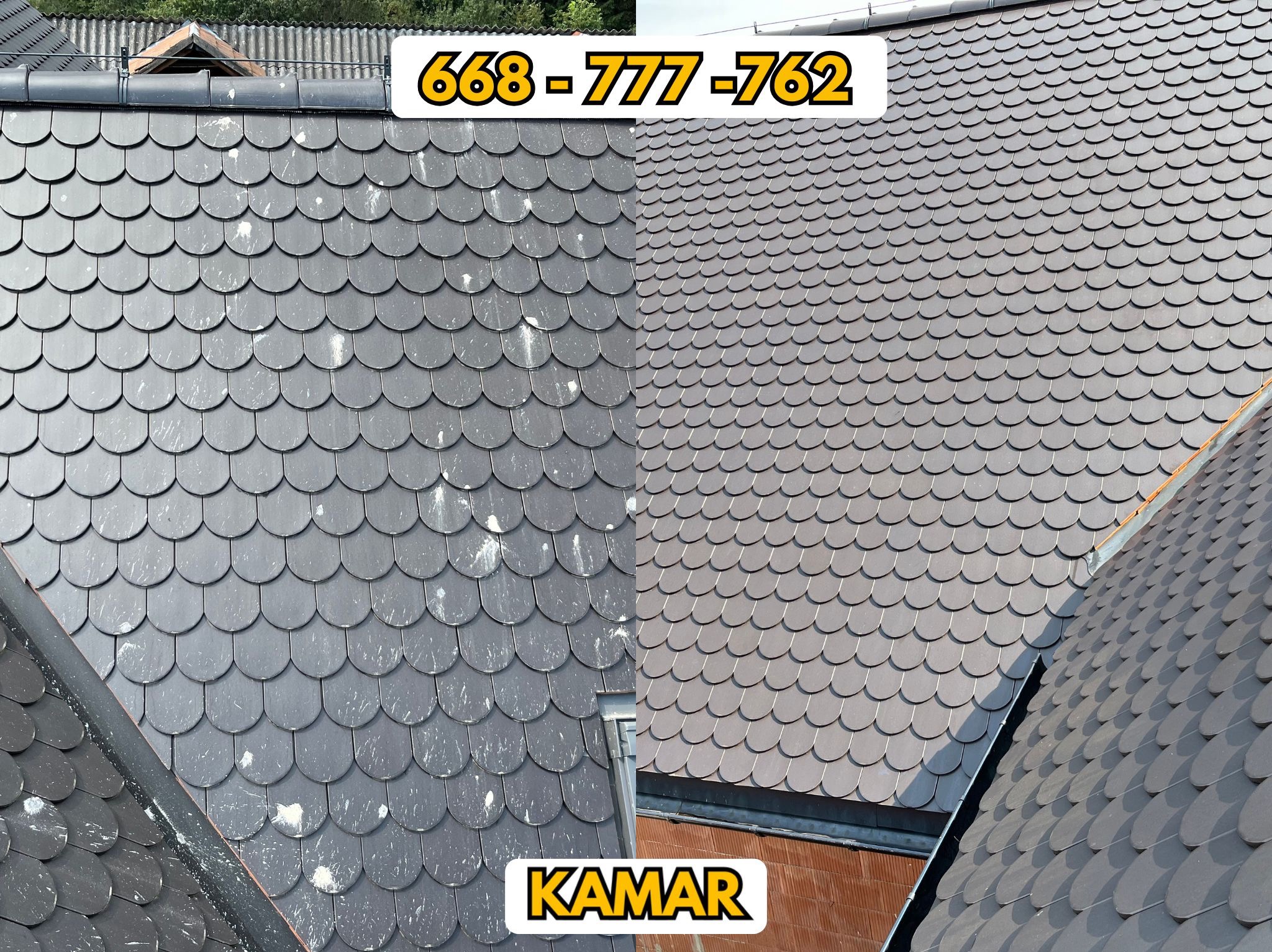 Porównanie połaci dachu pokrytej łuską przed i po czyszczeniu, widoczne białe zabrudzenia przed czyszczeniem.