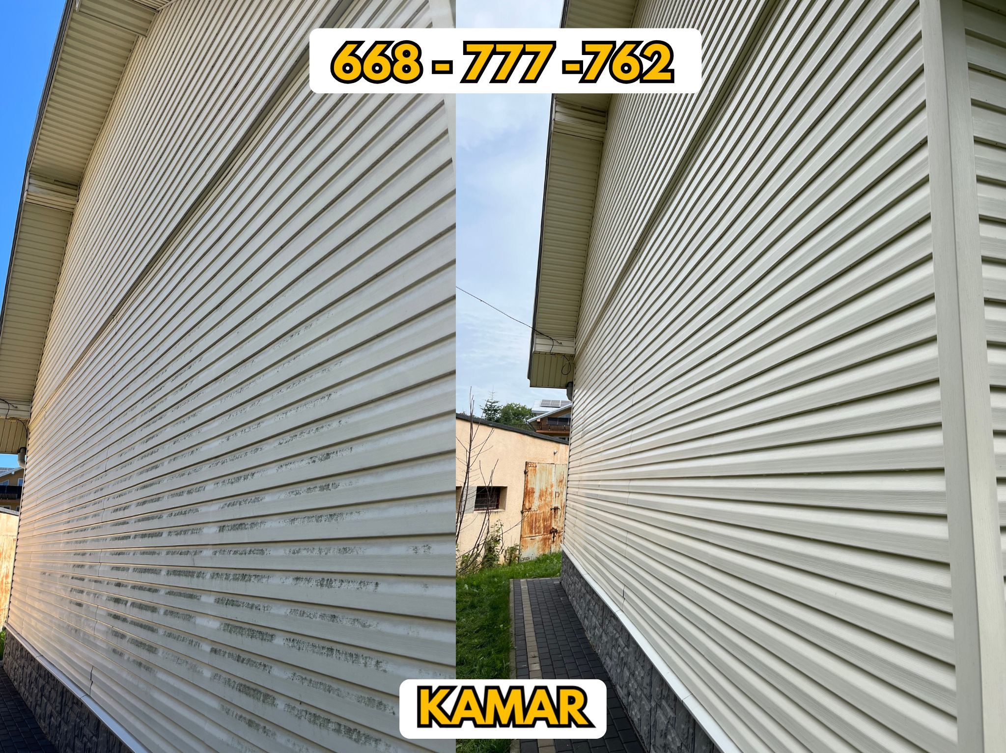 Porównanie stanu elewacji budynku przed i po czyszczeniu. Po lewej stronie widoczny brudny siding, po prawej czysty, jasny siding. Widoczny fragment chodnika i fragment budynku w tle.