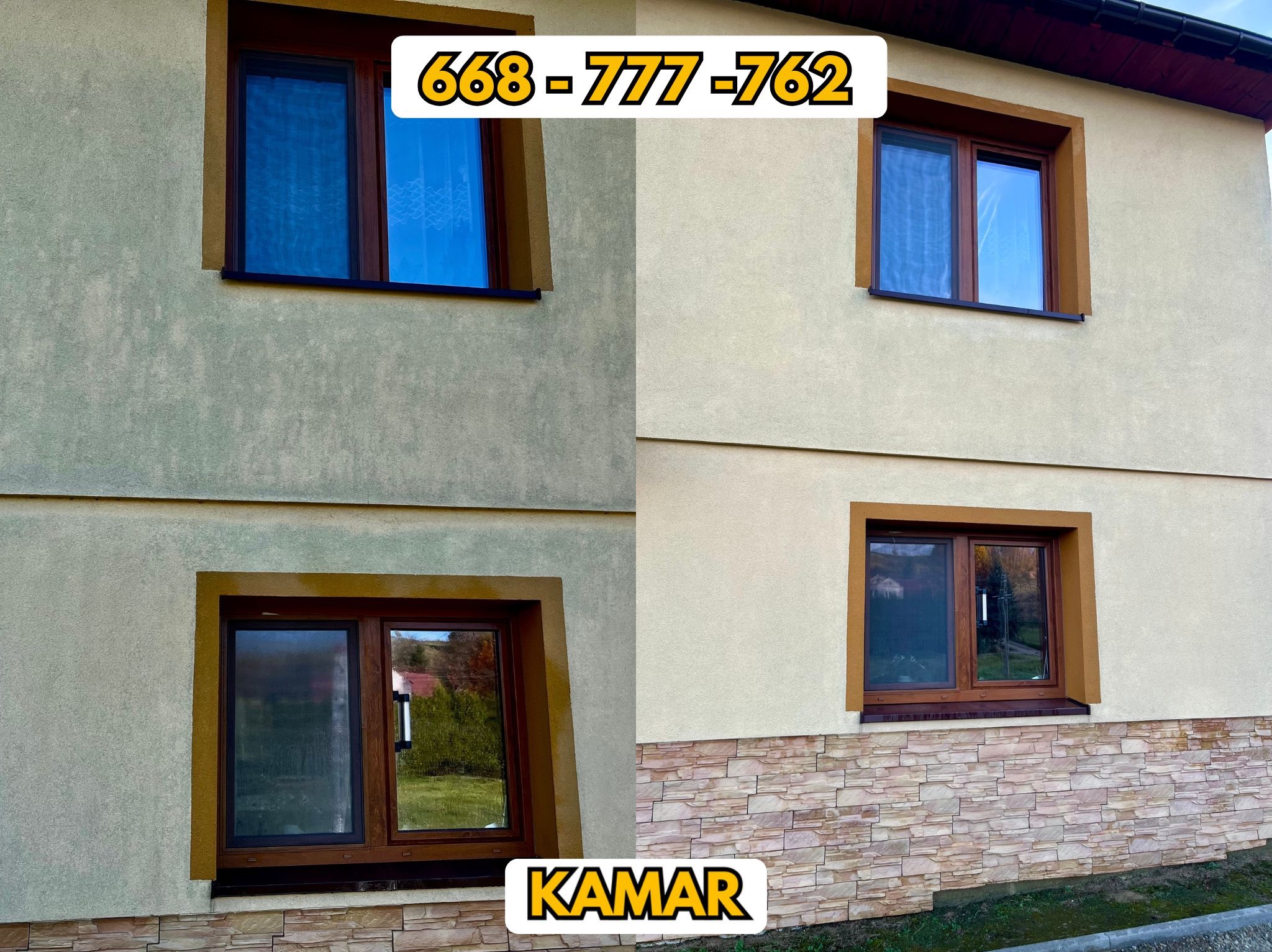 Porównanie elewacji budynku przed i po czyszczeniu, z widoczną różnicą w kolorze i czystości tynku, oraz numerem telefonu i logo firmy nałożonymi na zdjęcie.