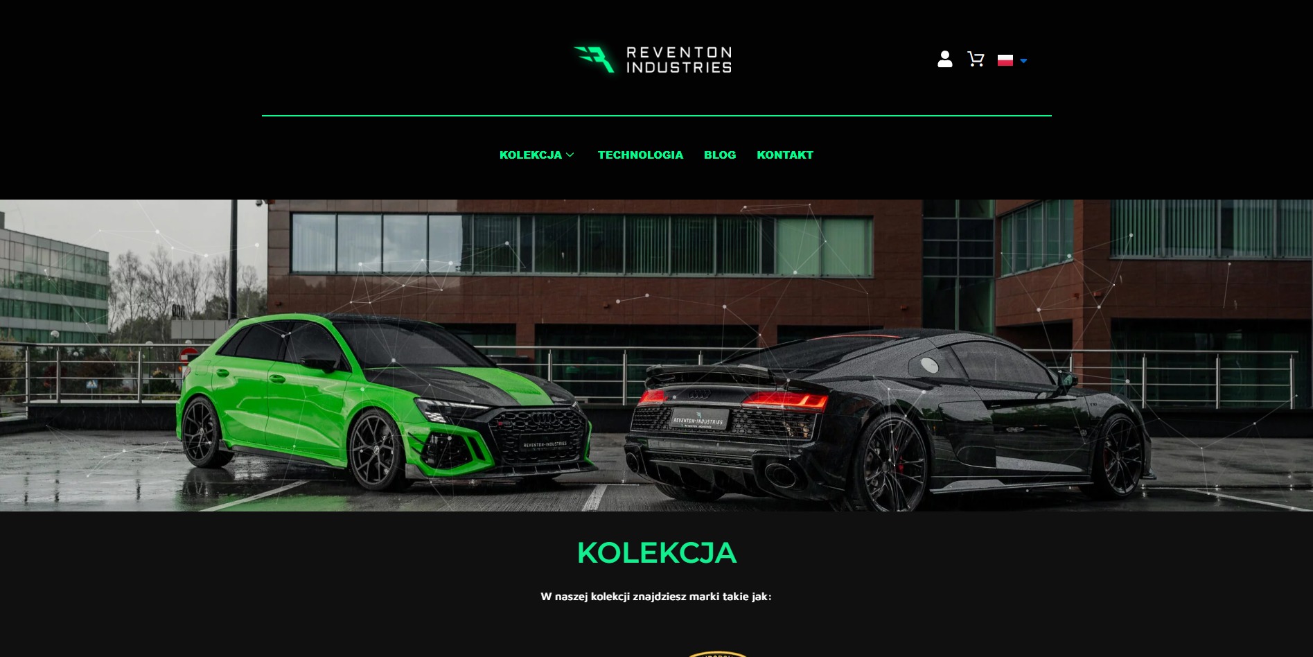 Strona internetowa firmy Reventon Industries prezentująca dwa zmodyfikowane samochody: zielony hatchback i czarny sportowy coupe, na tle nowoczesnego budynku biurowego w deszczowy dzień,...