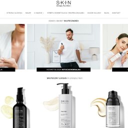 MICHAŁ ŁUCZAK - USŁUGI - Widok strony internetowej sklepu kosmetycznego S-K-I-N Simply Nutrition z prezentacją produktów: żelu do mycia twarzy, serum, kremu i eliksiru, wraz z hasłami reklamowymi i wizerunkami modeli.