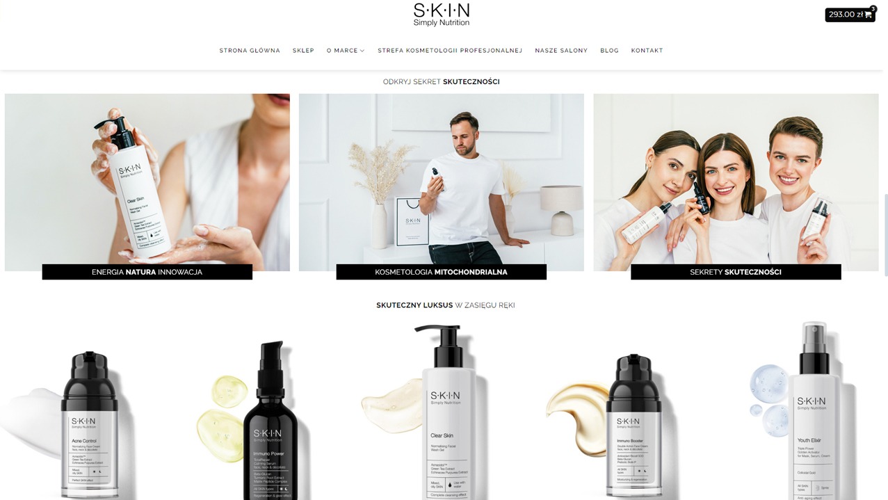 Widok strony internetowej sklepu kosmetycznego S-K-I-N Simply Nutrition z prezentacją produktów: żelu do mycia twarzy, serum, kremu i eliksiru, wraz z hasłami reklamowymi i wizerunkami modeli.