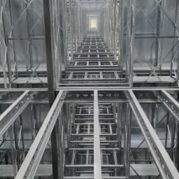 Wnętrze hali magazynowej w trakcie montażu konstrukcji stalowej, widok z dołu wzdłuż pionowych słupów, perspektywa zbieżna ku górze.