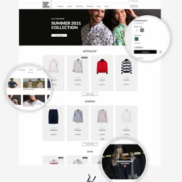 Widok strony internetowej sklepu odzieżowego Fashion Street Mikołajki z kolekcją Summer 2021, sekcjami Bestsellery i Nowości, oraz możliwością wyboru rozmiaru i koloru kombinezonu.