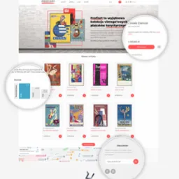 Strona internetowa sklepu z vintage'owymi plakatami turystycznymi, prezentująca kolekcję unikatowych wzorów na białym tle ceglanej ściany.