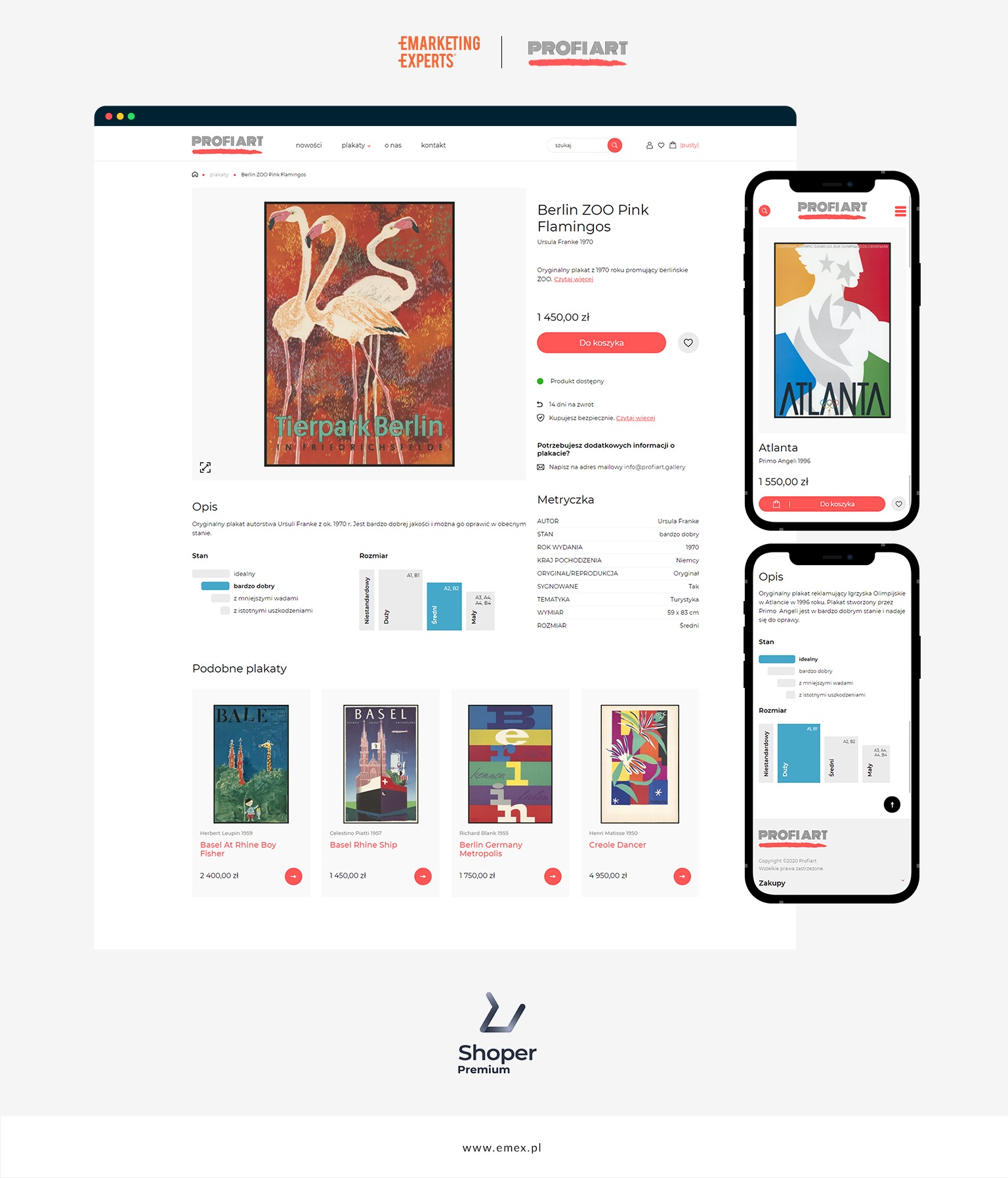 Prezentacja strony internetowej z ofertą sprzedaży plakatów vintage, w tym plakatu 'Berlin ZOO Pink Flamingos' z trzema flamingami na pomarańczowym tle, obok widoczny plakat 'Atlanta' na smartfonie.