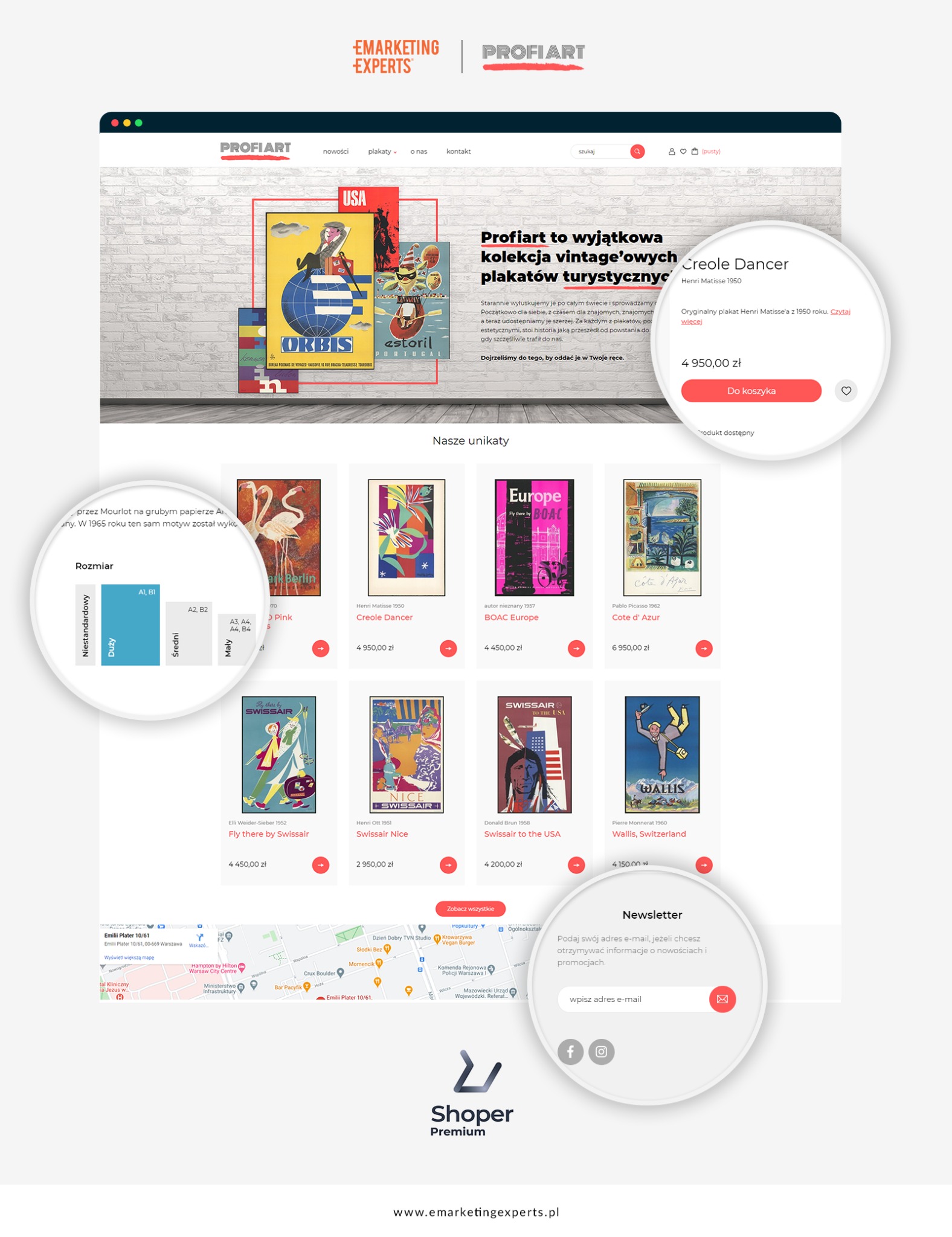 Strona internetowa sklepu z vintage'owymi plakatami turystycznymi, prezentująca kolekcję unikatowych wzorów na białym tle ceglanej ściany.