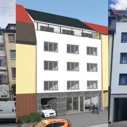 MK Fenster - Maciej Kaszczyk @oknamaciek - Fotografia przedstawia trzy fazy remontu elewacji budynku wielorodzinnego: początek prac ze rusztowaniami, wizualizację 3D elewacji po remoncie oraz efekt końcowy z zamontowanymi zewnętrznymi...