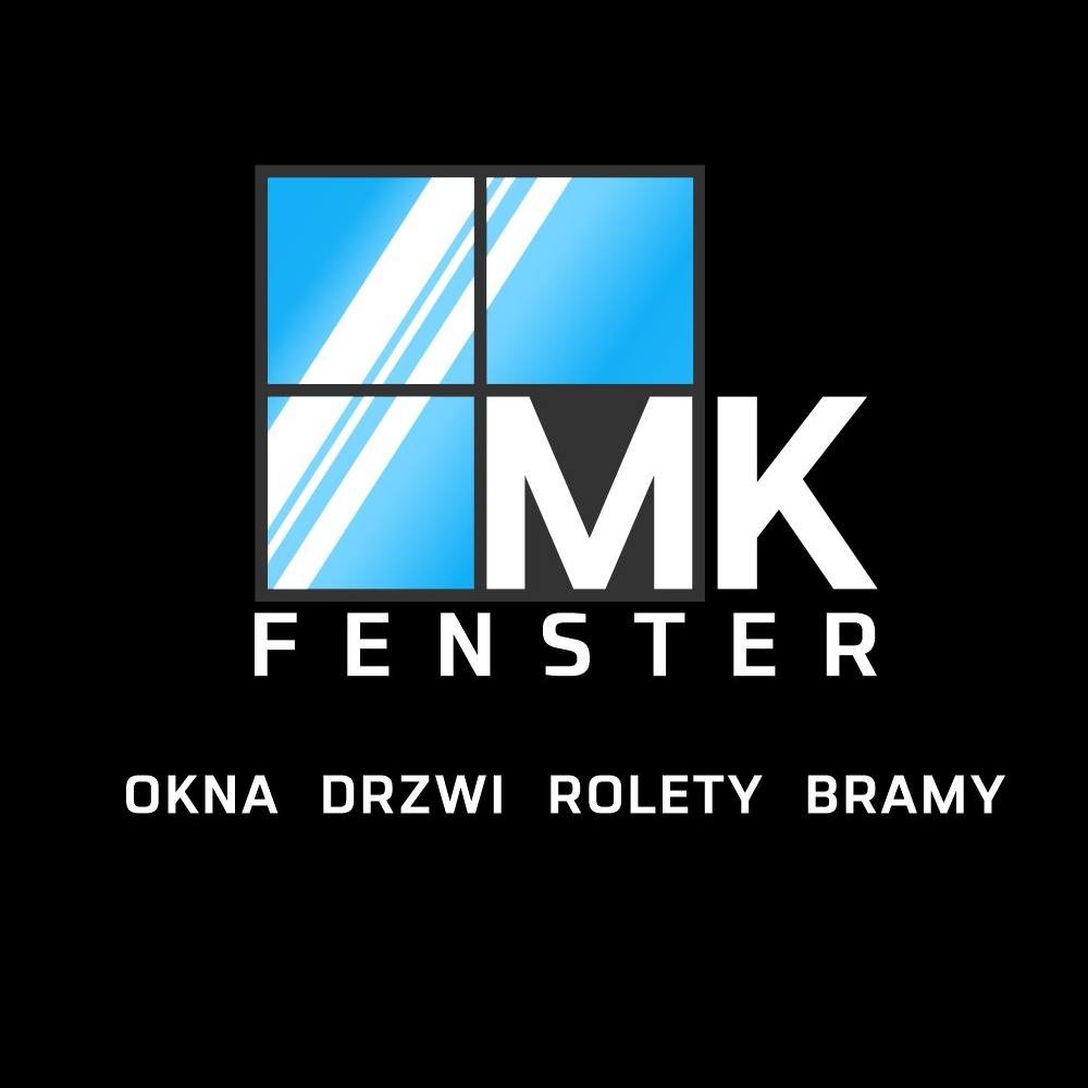 Logo firmy MK Fenster prezentujące okno z szybami w odcieniach błękitu, napis MK oraz listę produktów: okna, drzwi, rolety i bramy na czarnym tle.