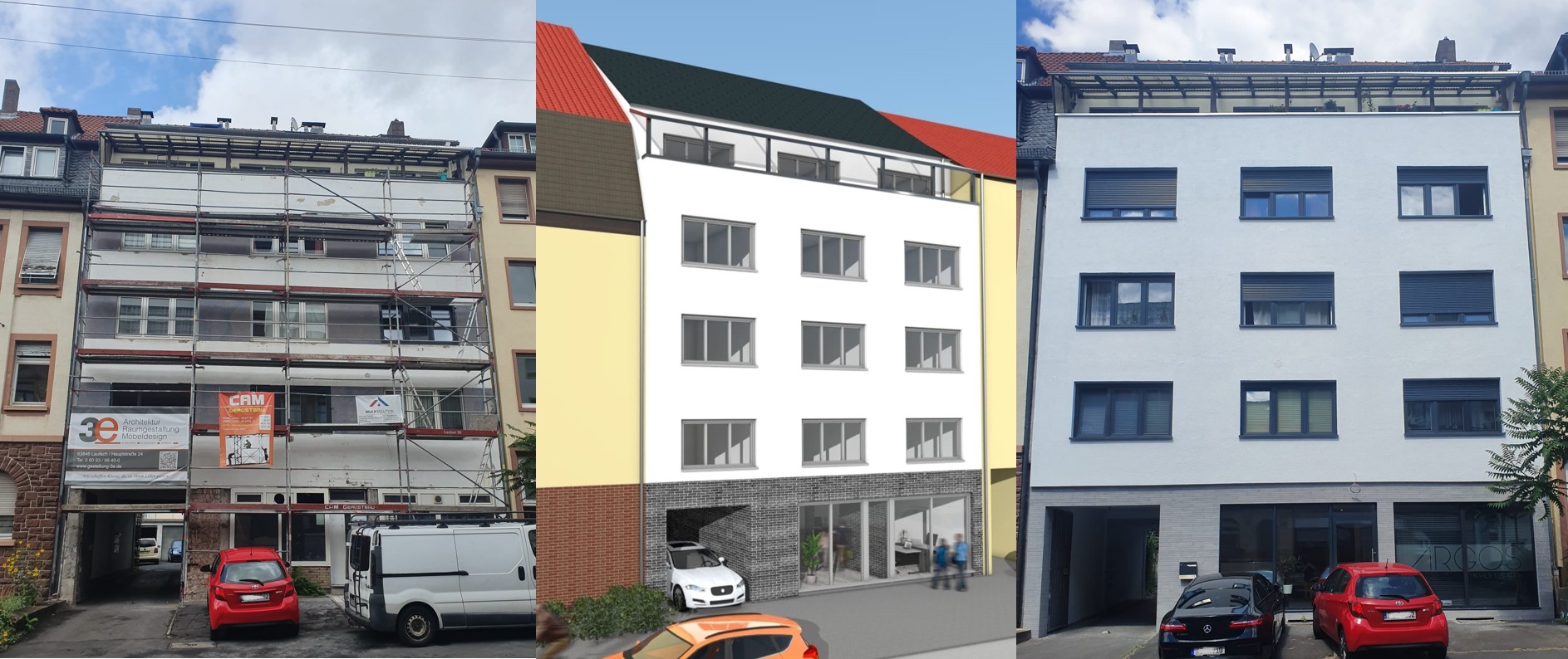 Fotografia przedstawia trzy fazy remontu elewacji budynku wielorodzinnego: początek prac ze rusztowaniami, wizualizację 3D elewacji po remoncie oraz efekt końcowy z zamontowanymi zewnętrznymi...